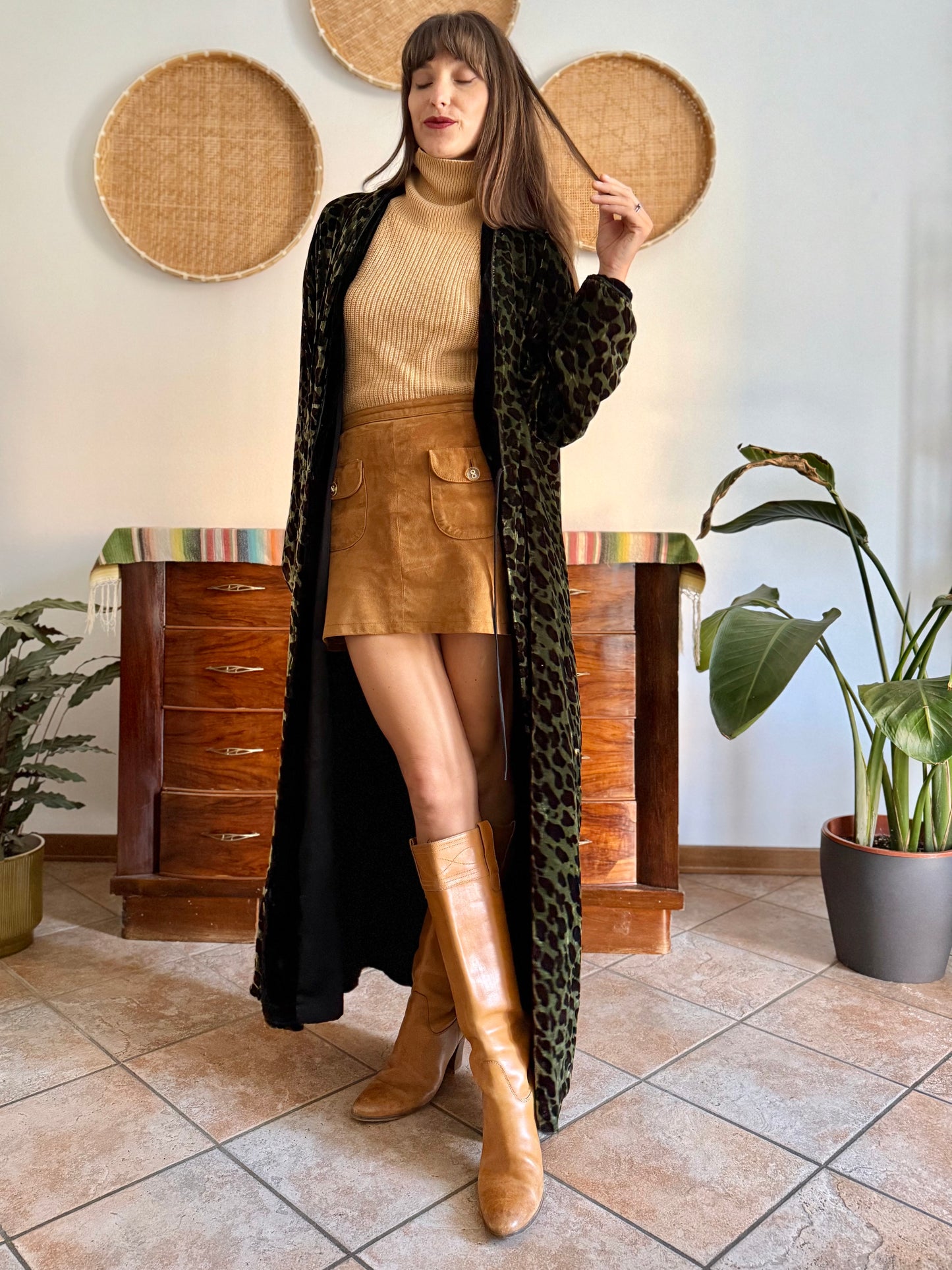 1970's vintage green and chocolate brown animal print velvet kimono