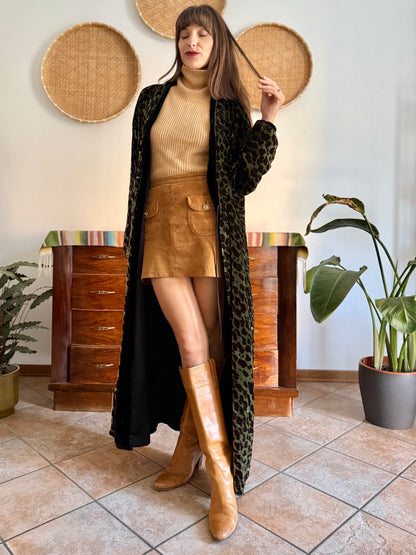 1970's vintage green and chocolate brown animal print velvet kimono