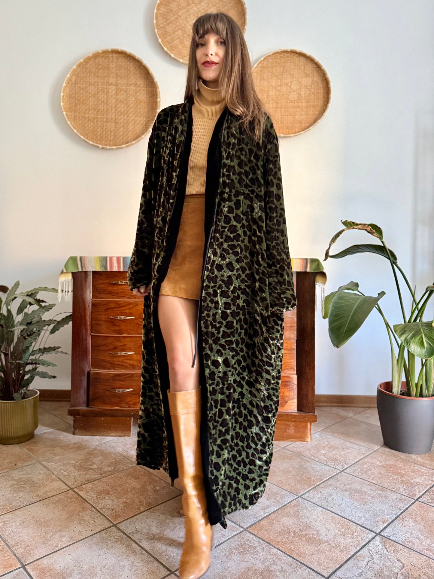 1970's vintage green and chocolate brown animal print velvet kimono
