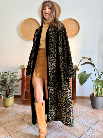 1970's vintage green and chocolate brown animal print velvet kimono