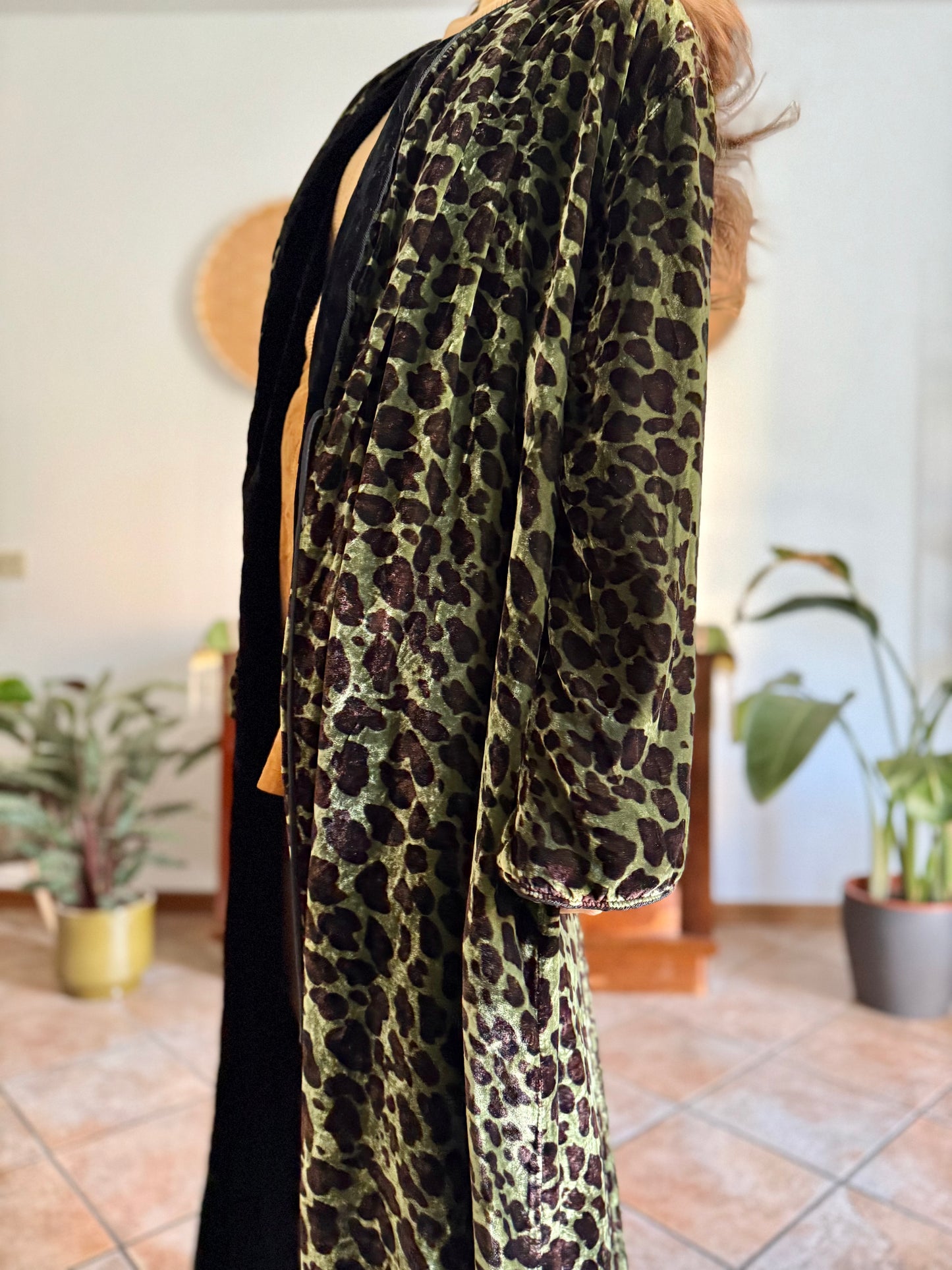 1970's vintage green and chocolate brown animal print velvet kimono