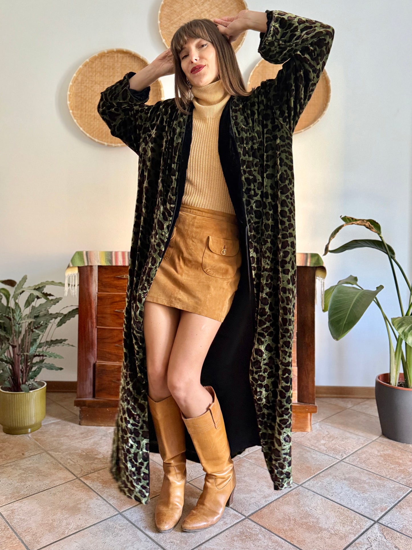 1970's vintage green and chocolate brown animal print velvet kimono