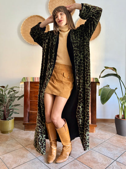 1970's vintage green and chocolate brown animal print velvet kimono