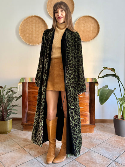 1970's vintage green and chocolate brown animal print velvet kimono