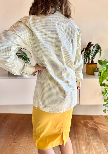 1990's vintage butter yellow shirt with blue geometric print