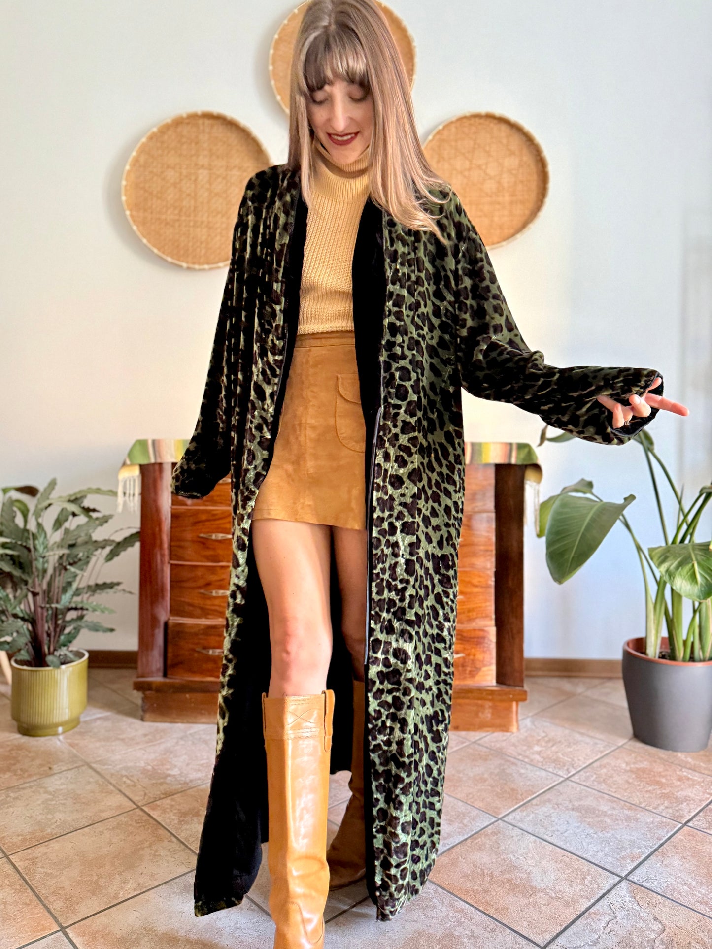 1970's vintage green and chocolate brown animal print velvet kimono