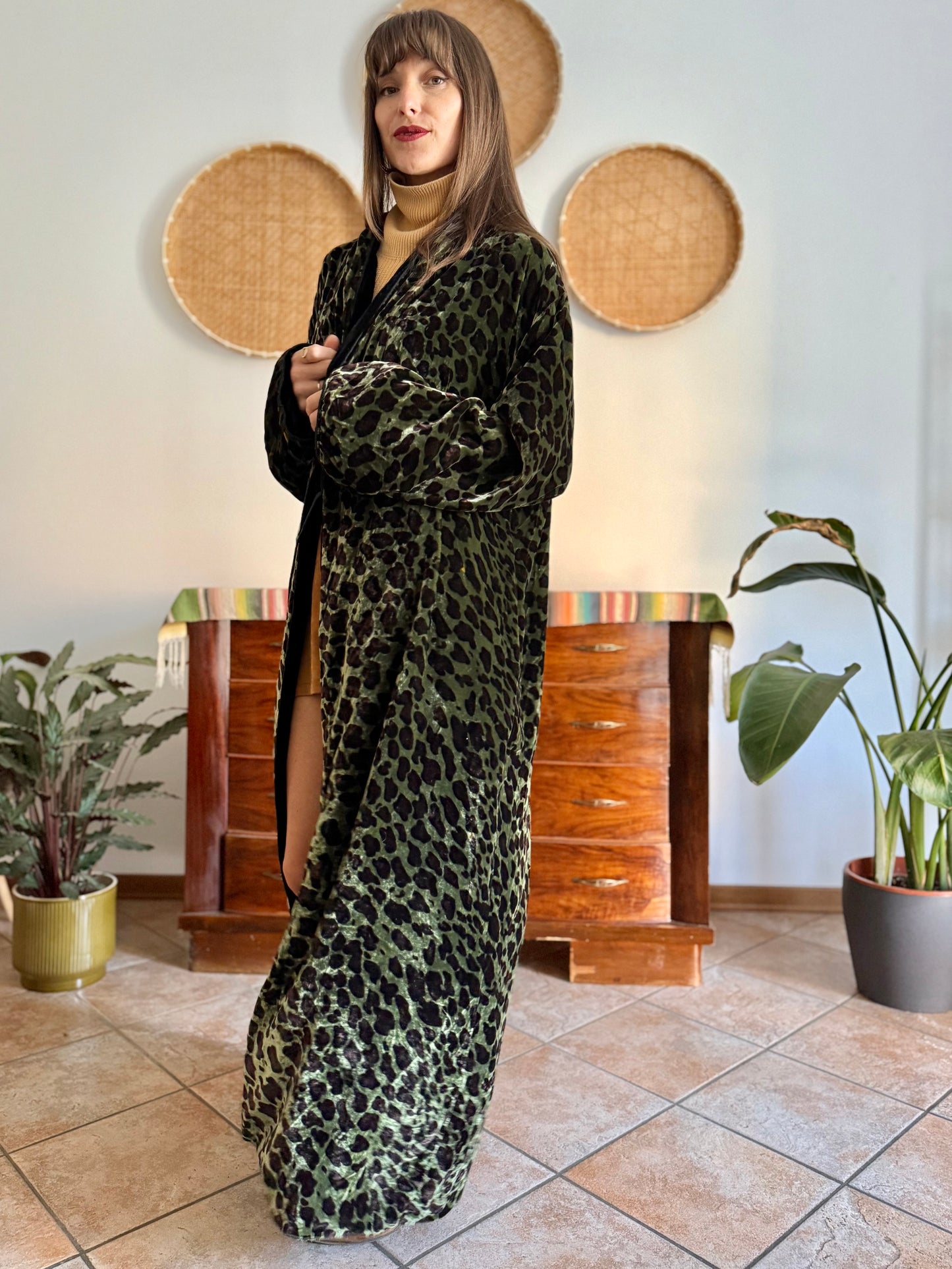 1970's vintage green and chocolate brown animal print velvet kimono