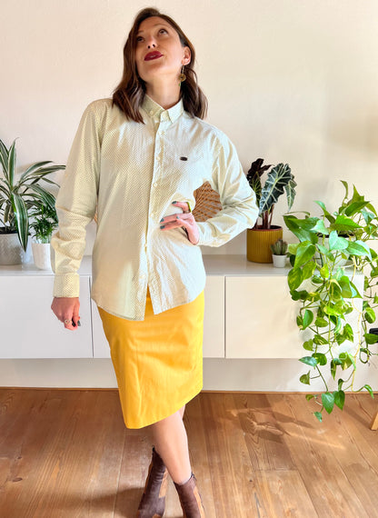 1990's vintage butter yellow shirt with blue geometric print