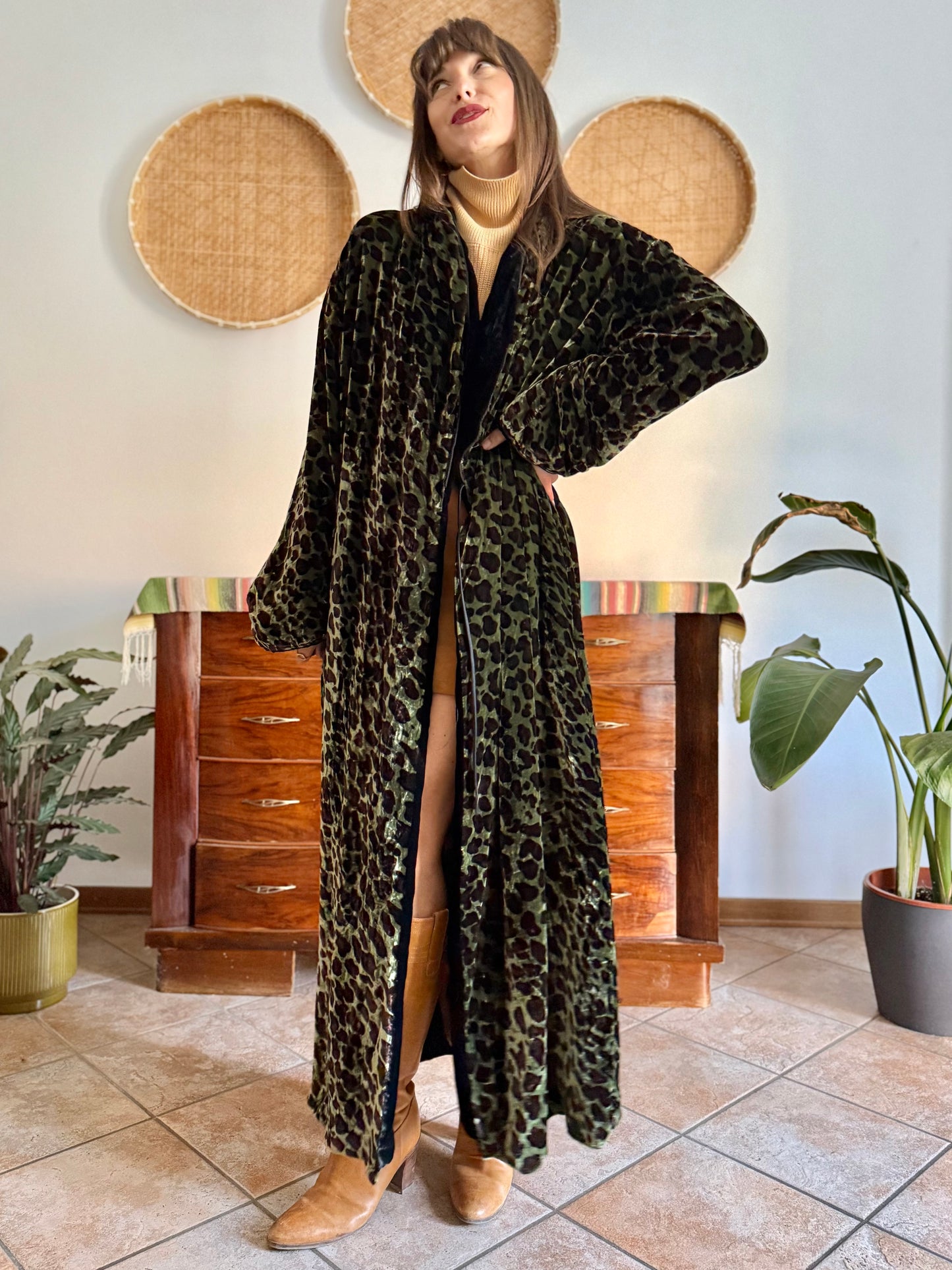 1970's vintage green and chocolate brown animal print velvet kimono