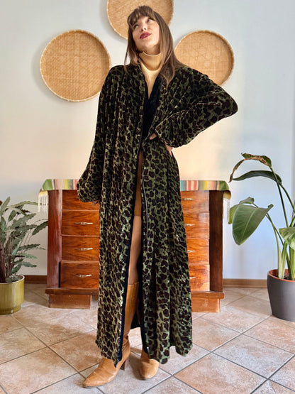 1970's vintage green and chocolate brown animal print velvet kimono