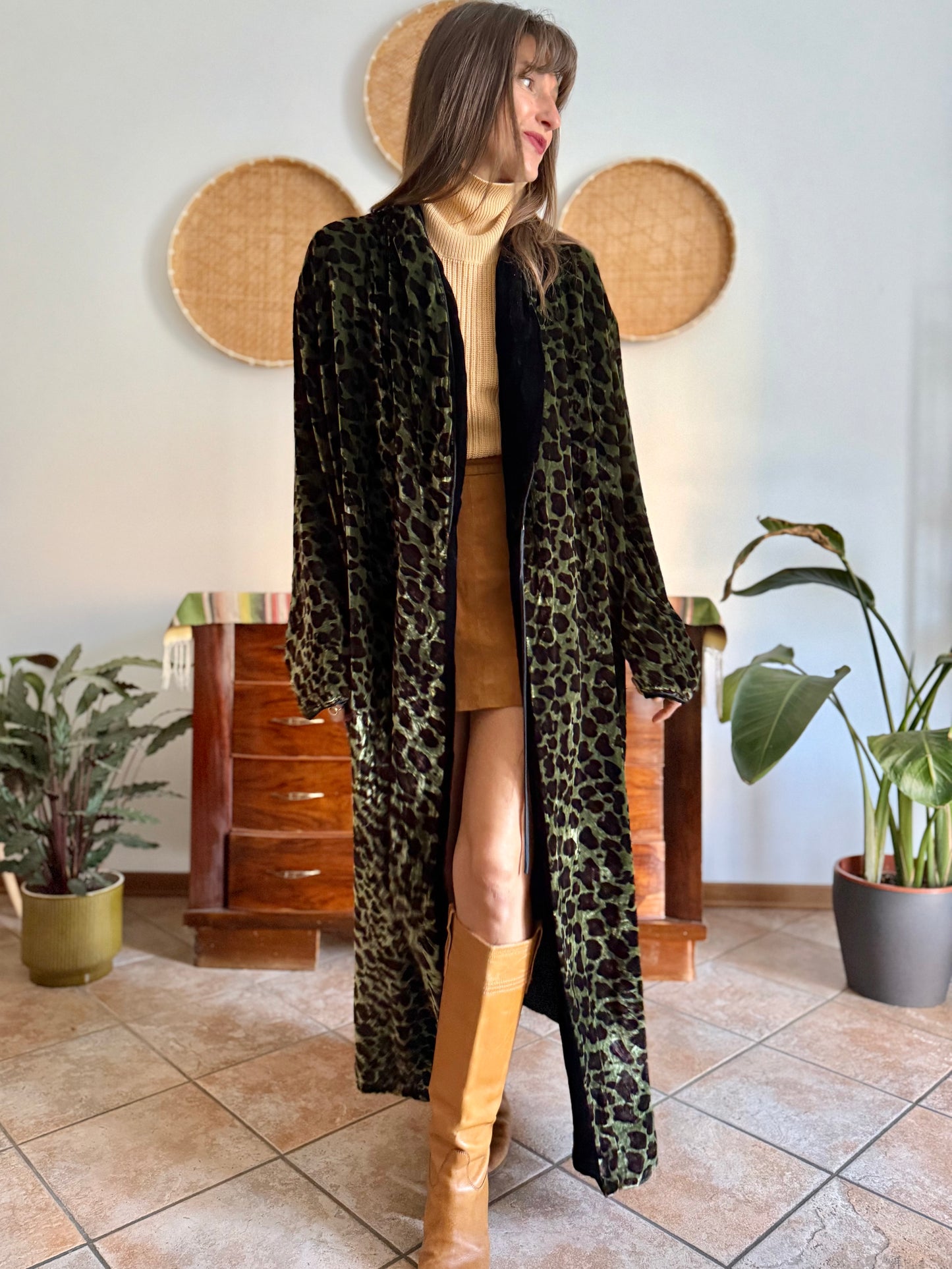 1970's vintage green and chocolate brown animal print velvet kimono