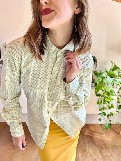 1990's vintage butter yellow shirt with blue geometric print