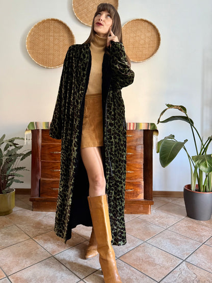 1970's vintage green and chocolate brown animal print velvet kimono