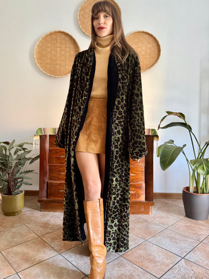 1970's vintage green and chocolate brown animal print velvet kimono
