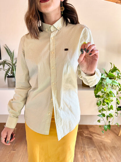 1990's vintage butter yellow shirt with blue geometric print