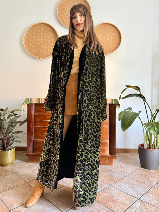 1970's vintage green and chocolate brown animal print velvet kimono