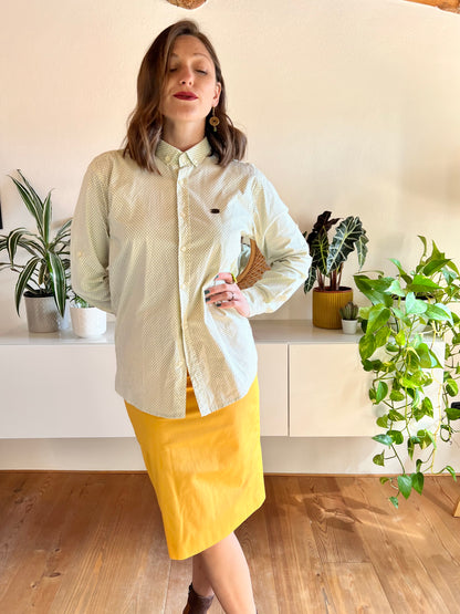 1990's vintage butter yellow shirt with blue geometric print