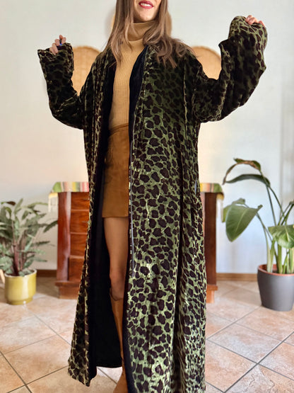 1970's vintage green and chocolate brown animal print velvet kimono