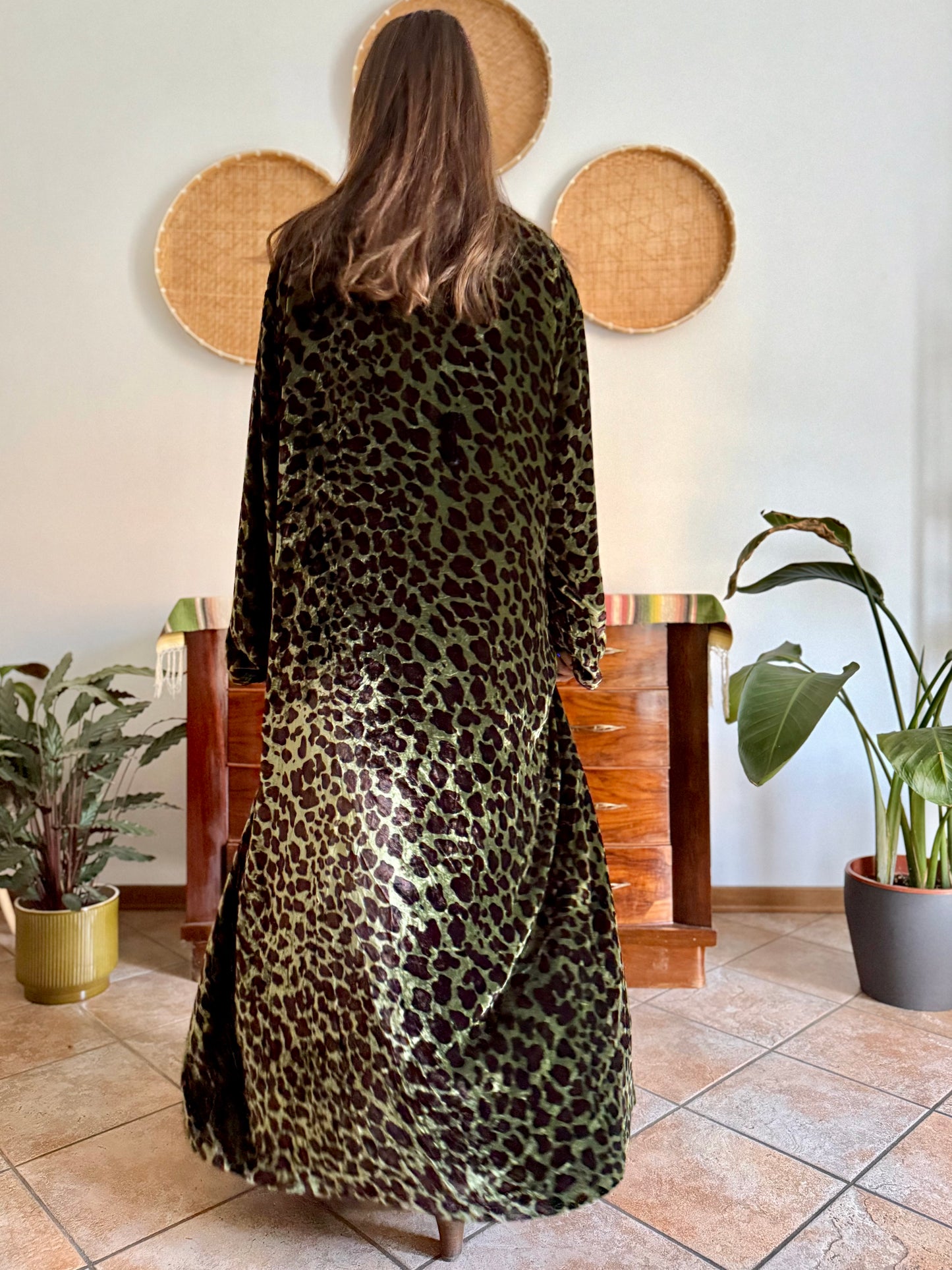 1970's vintage green and chocolate brown animal print velvet kimono