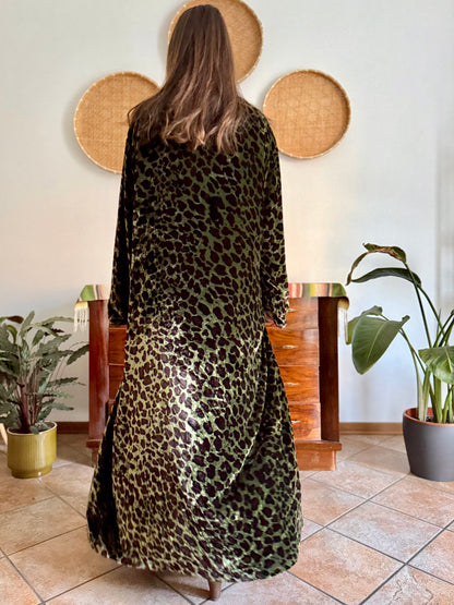 1970's vintage green and chocolate brown animal print velvet kimono