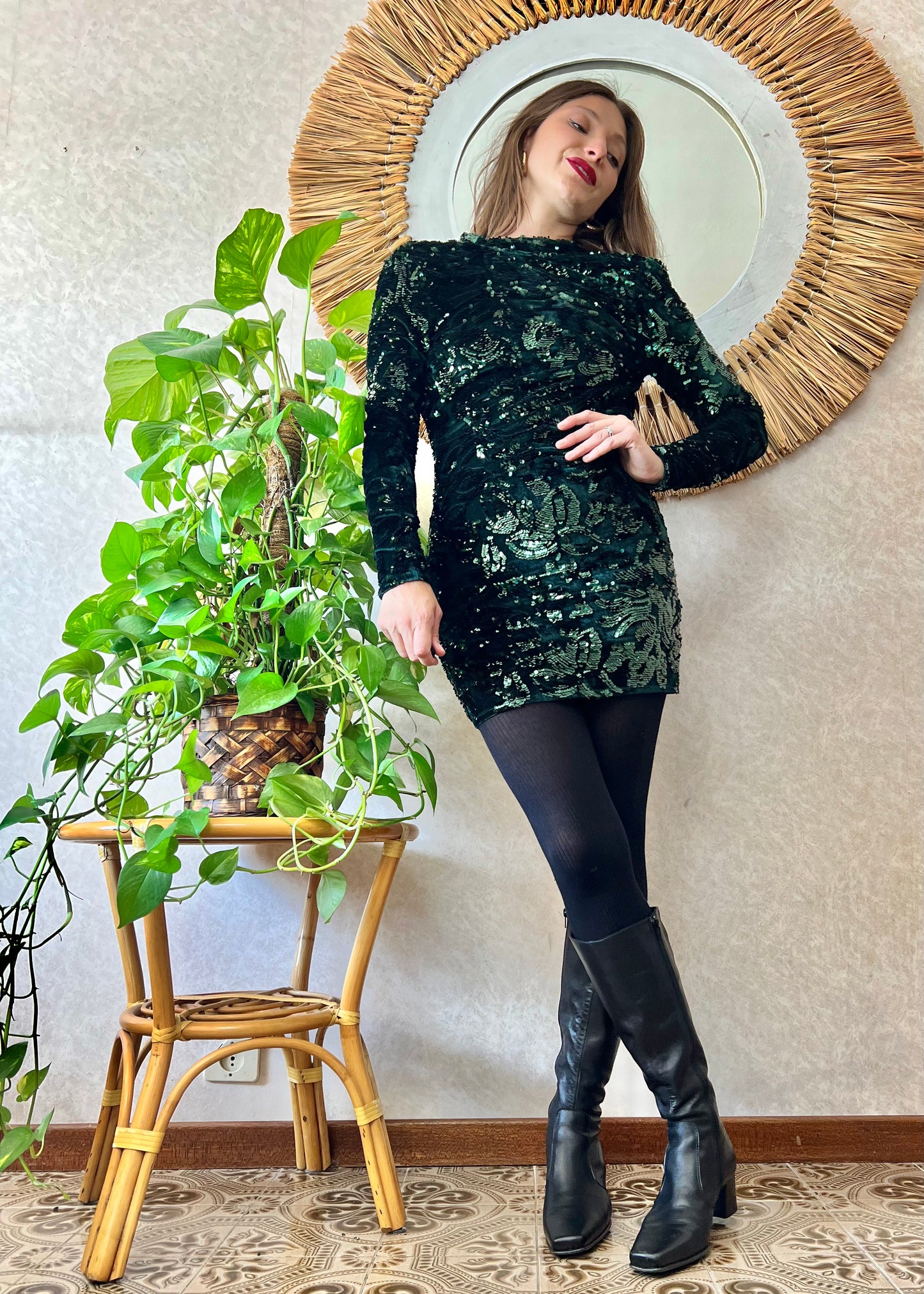 1990's vintage dark green velvet and sequin floral motif mini dress