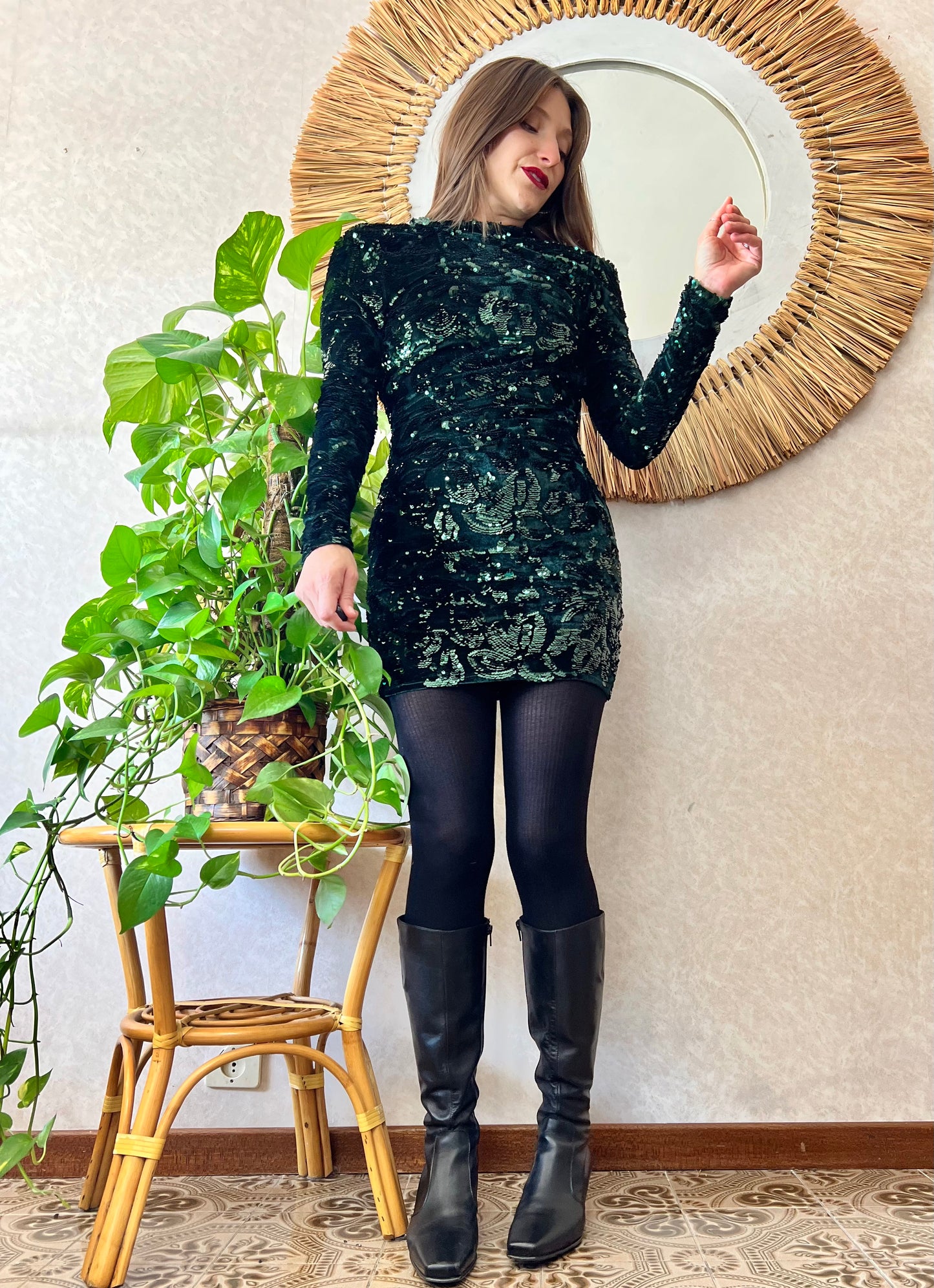 1990's vintage dark green velvet and sequin floral motif mini dress