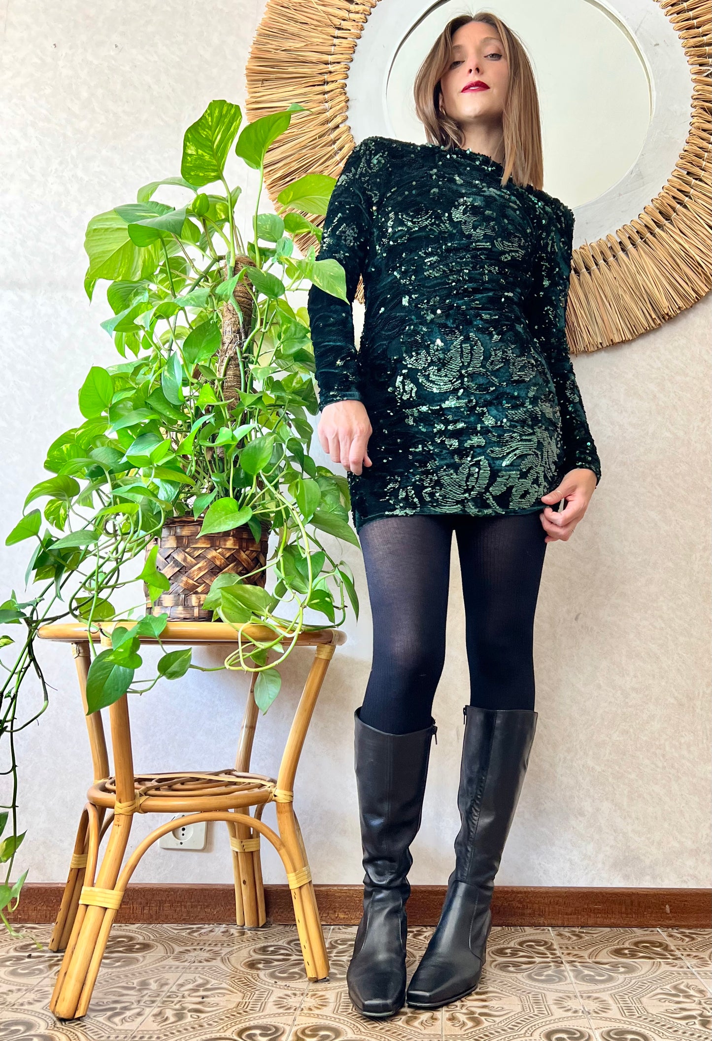 1990's vintage dark green velvet and sequin floral motif mini dress