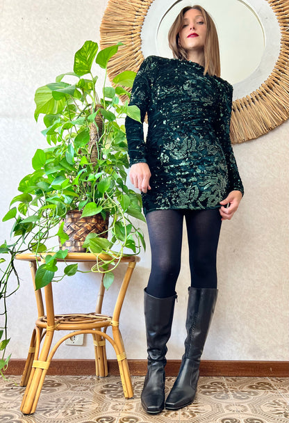 1990's vintage dark green velvet and sequin floral motif mini dress