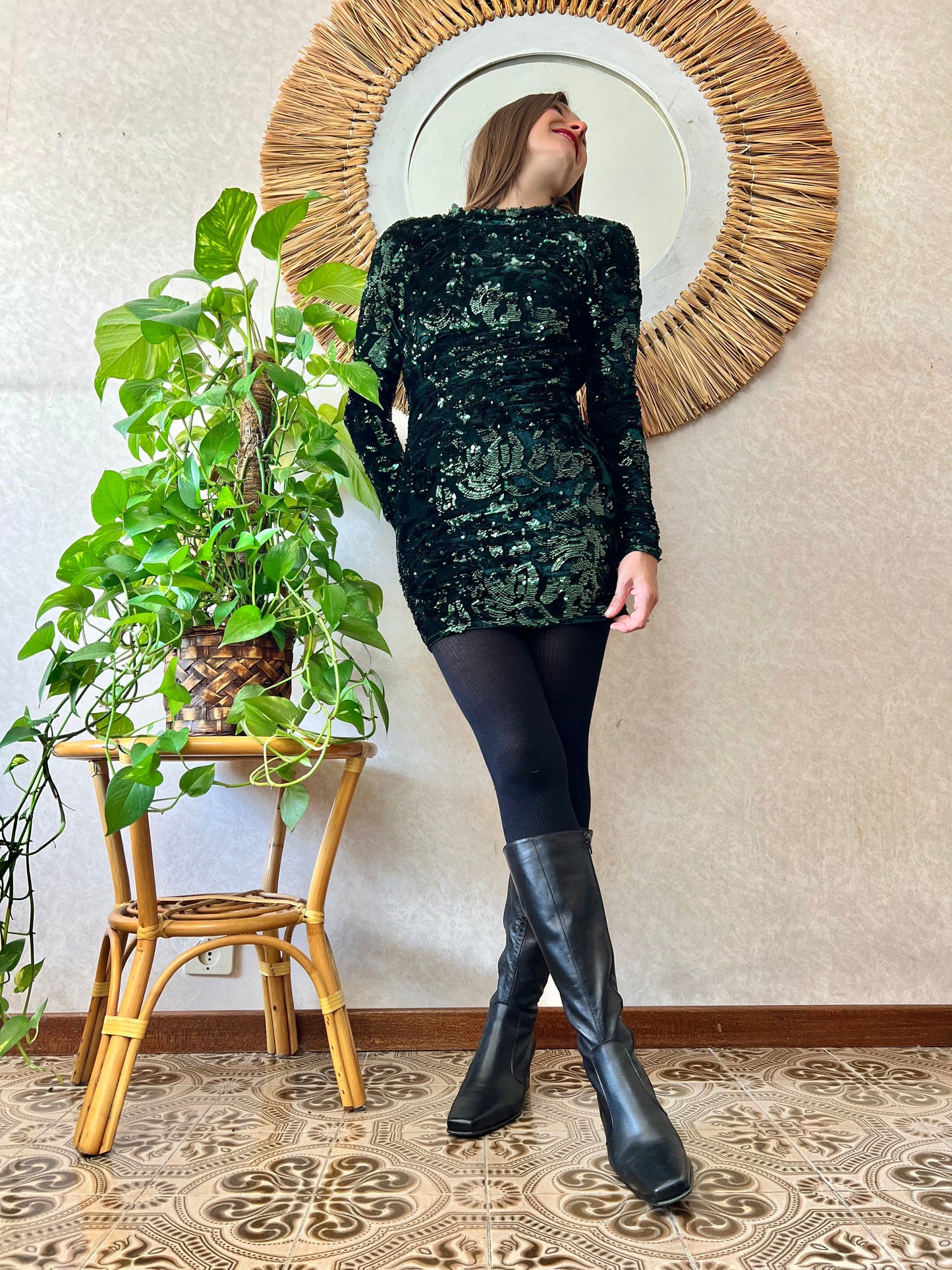 1990's vintage dark green velvet and sequin floral motif mini dress