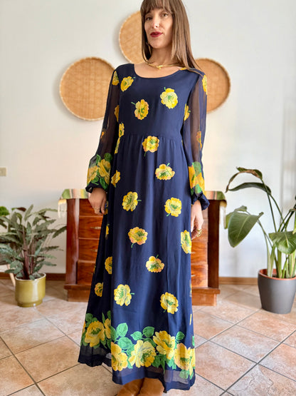 1970's vintage navy blue maxi dress with yellow floral print
