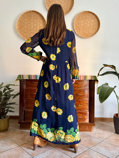 1970's vintage navy blue maxi dress with yellow floral print