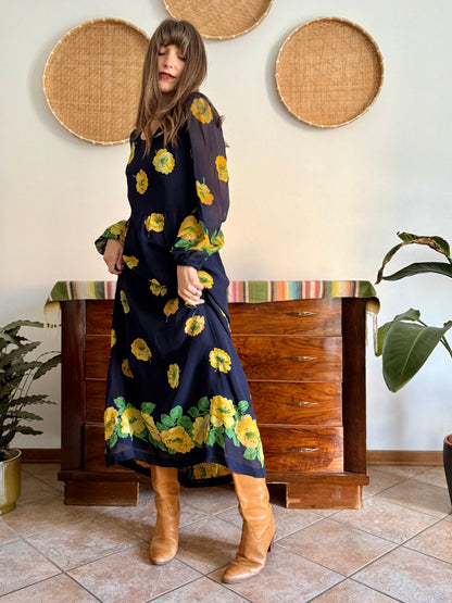 1970's vintage navy blue maxi dress with yellow floral print