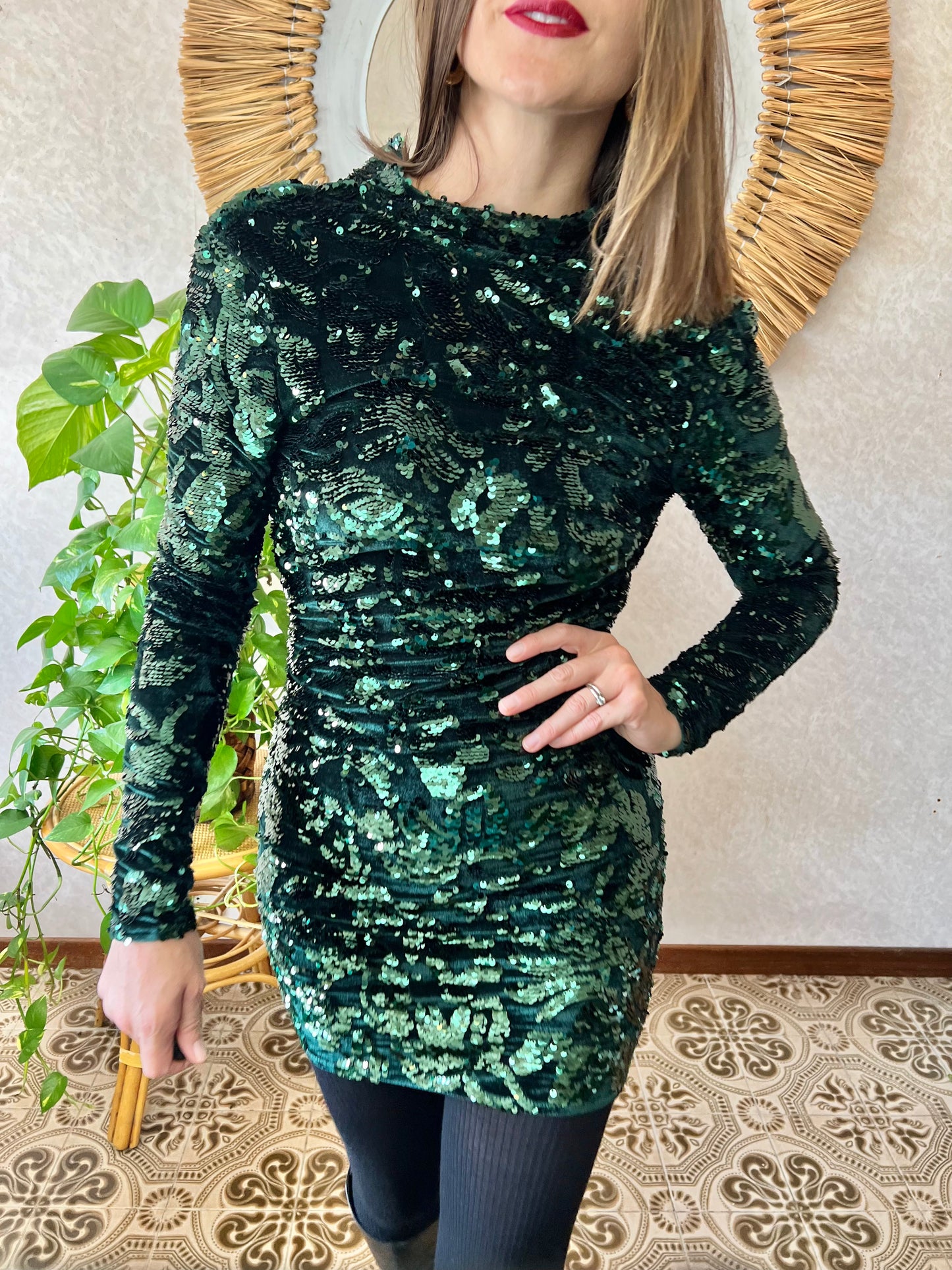 1990's vintage dark green velvet and sequin floral motif mini dress