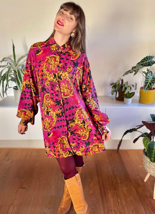 1970's vintage oversize fuchsia, tan and purple floral print shirt dress