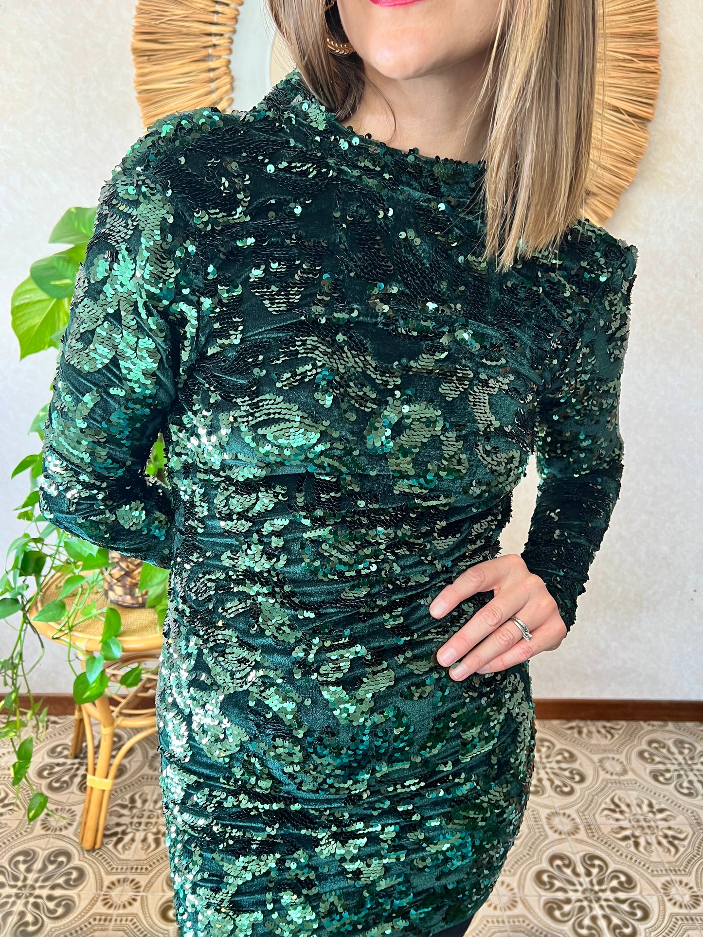 1990's vintage dark green velvet and sequin floral motif mini dress