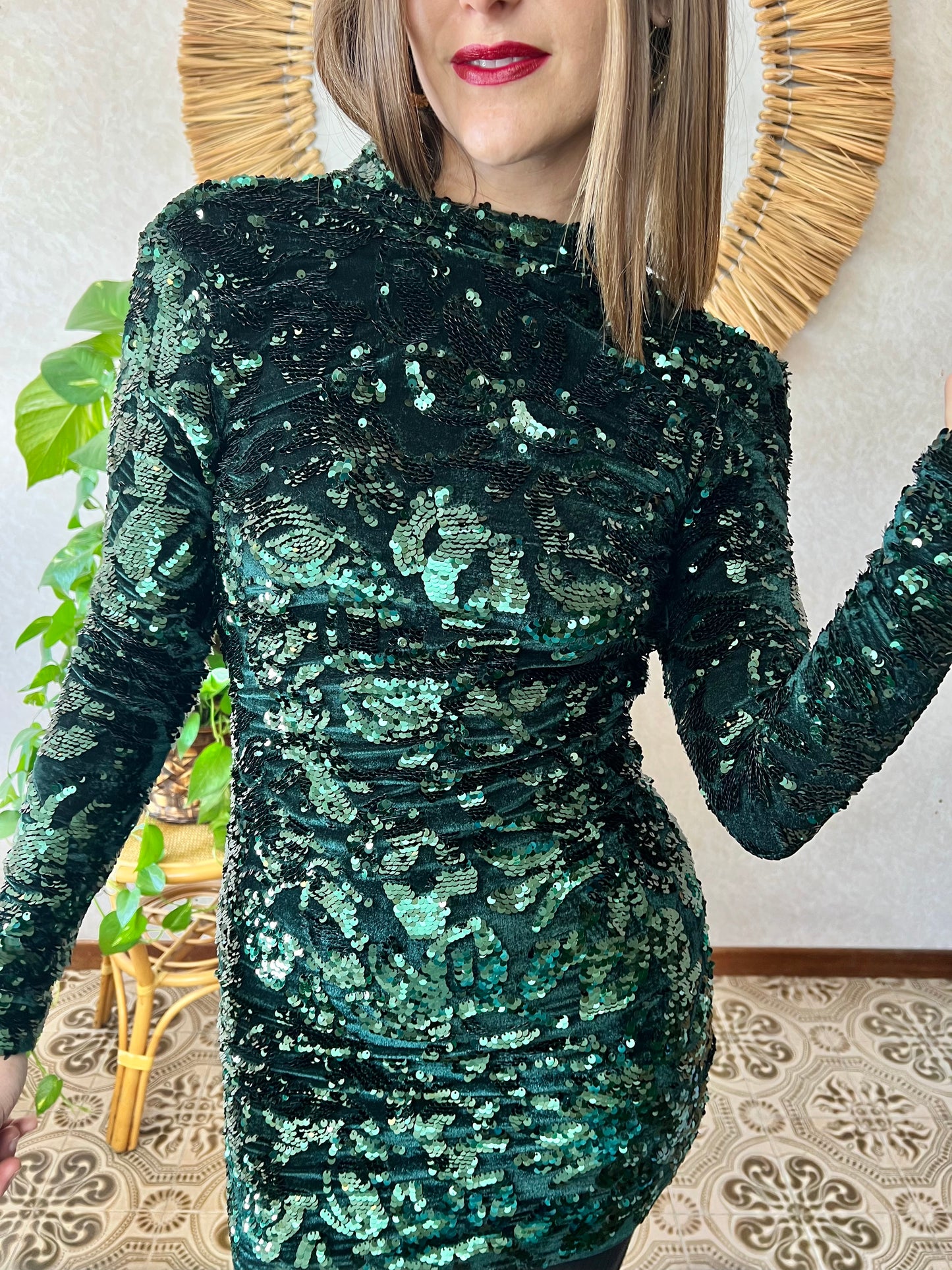 1990's vintage dark green velvet and sequin floral motif mini dress