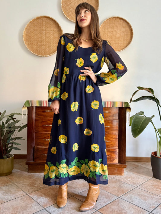 1970's vintage navy blue maxi dress with yellow floral print