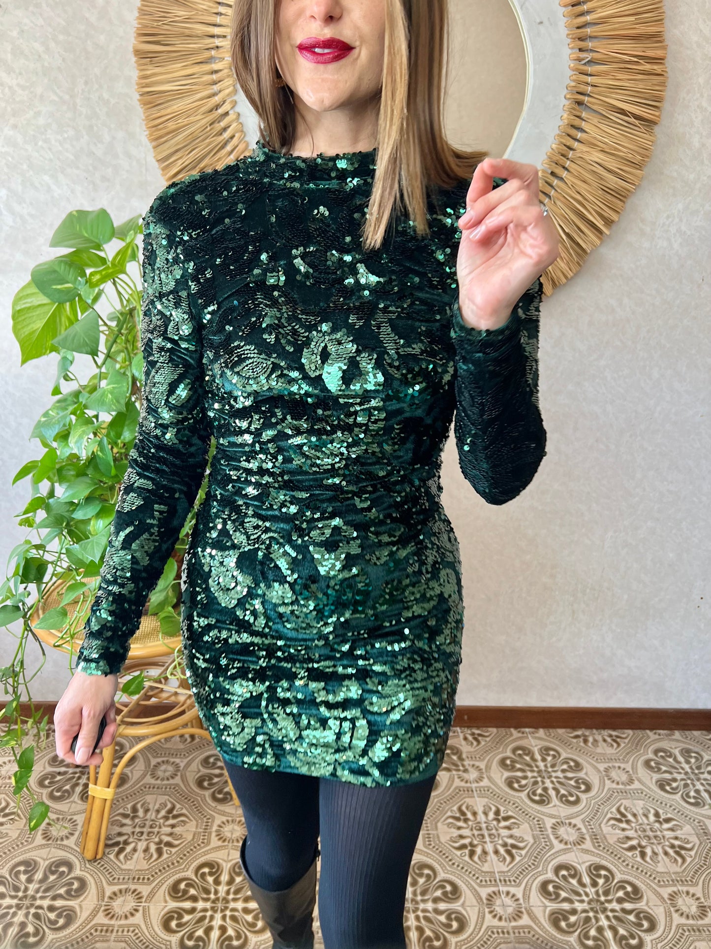 1990's vintage dark green velvet and sequin floral motif mini dress