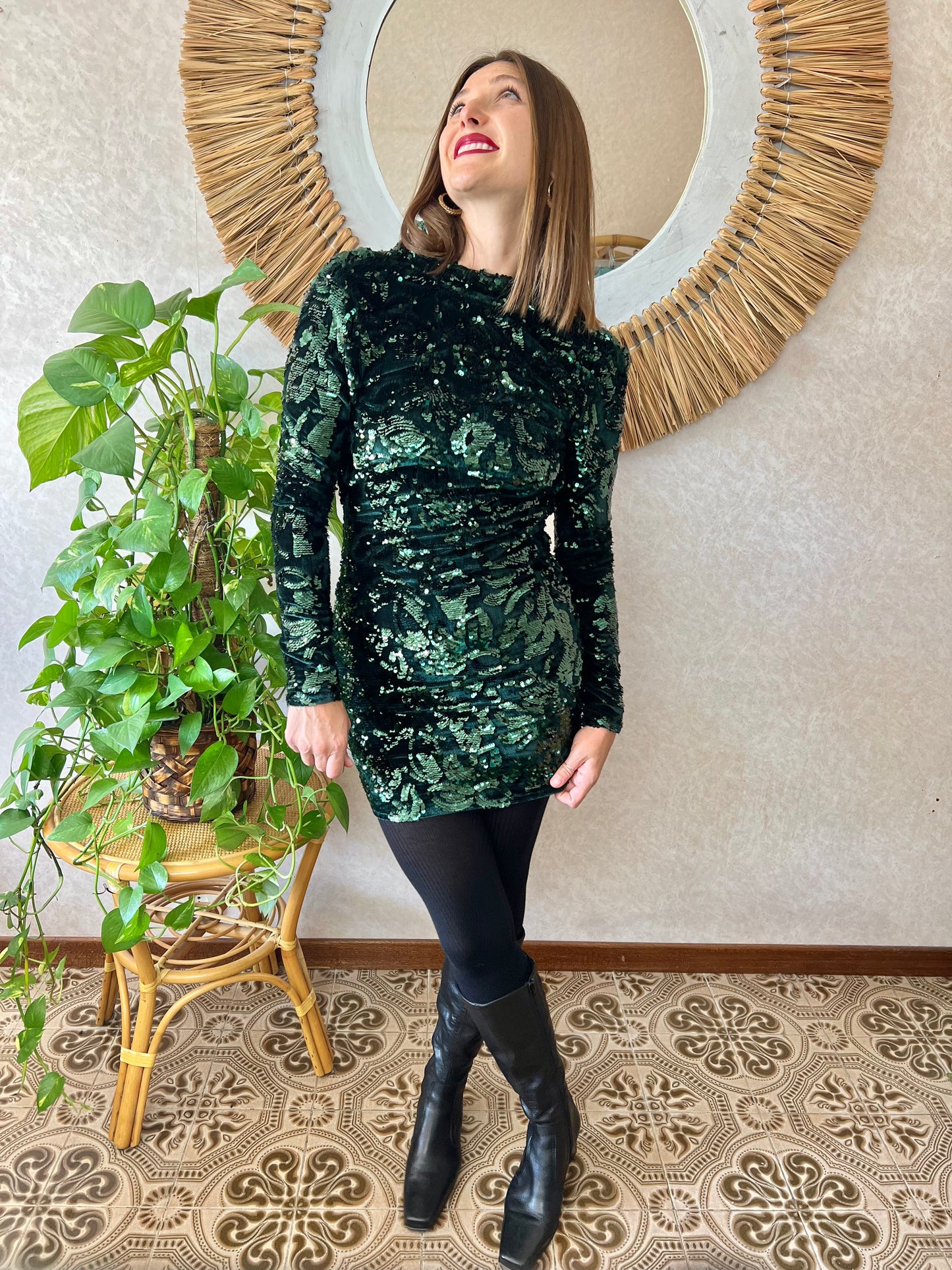 1990's vintage dark green velvet and sequin floral motif mini dress