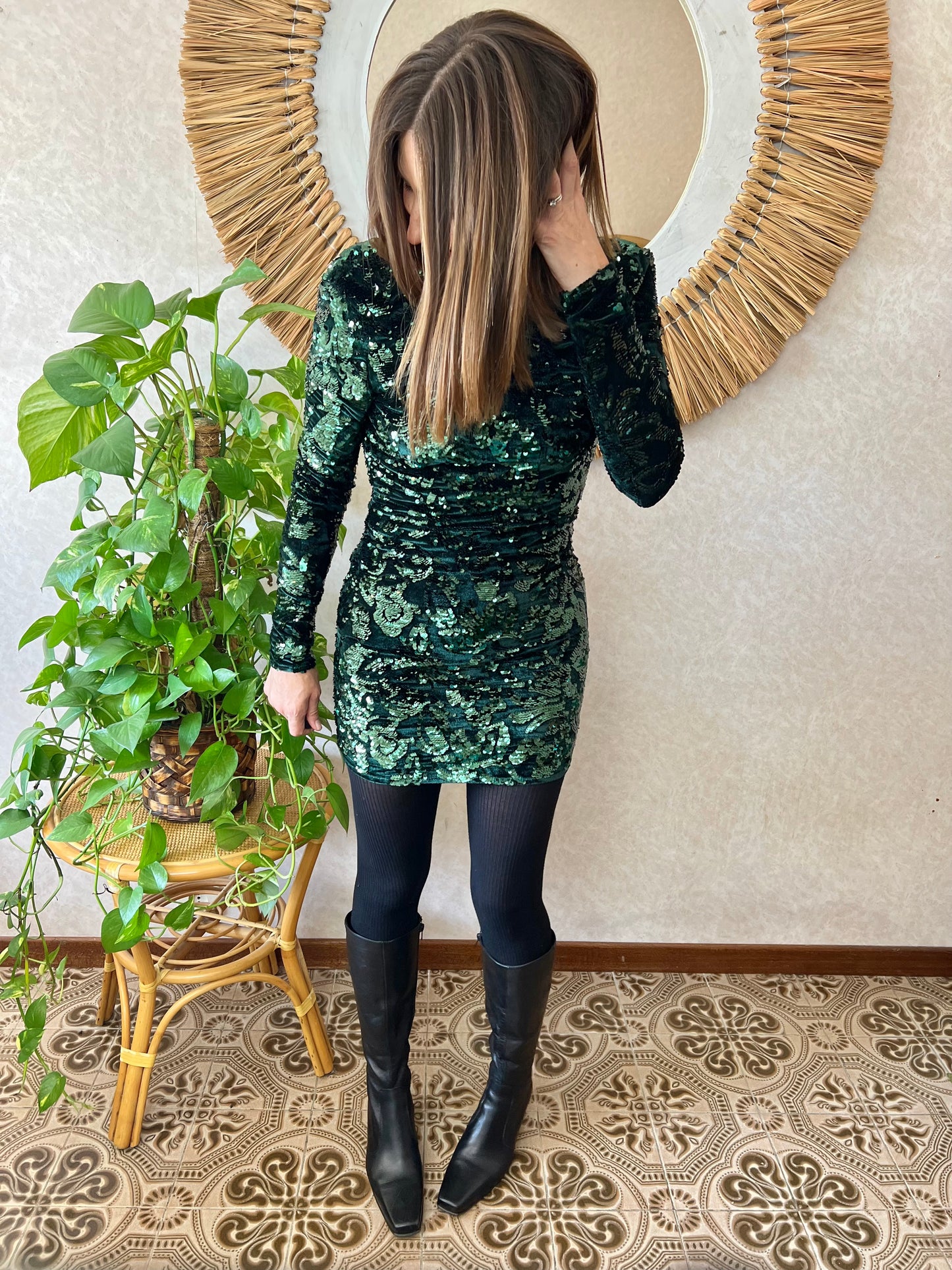 1990's vintage dark green velvet and sequin floral motif mini dress