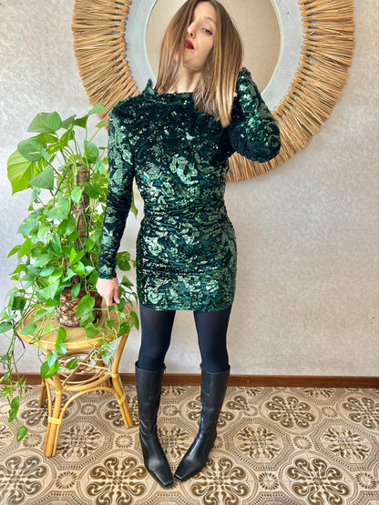 1990's vintage dark green velvet and sequin floral motif mini dress