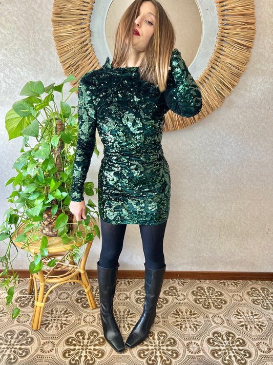 1990's vintage dark green velvet and sequin floral motif mini dress