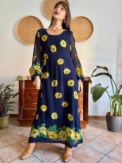 1970's vintage navy blue maxi dress with yellow floral print