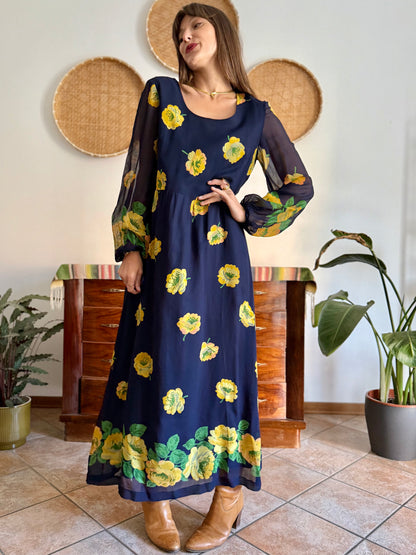 1970's vintage navy blue maxi dress with yellow floral print
