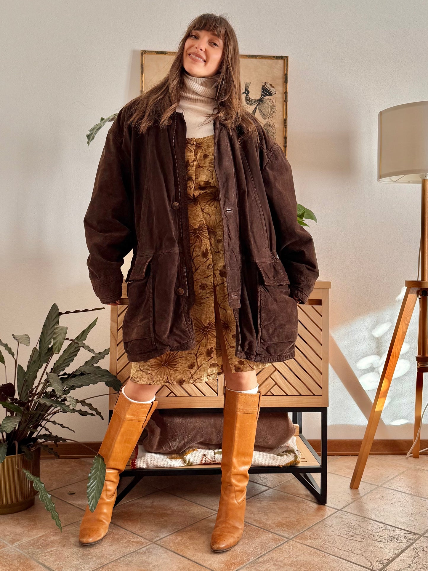 1980's vintage dark chocolate brown suede coat with plaid fleece lining