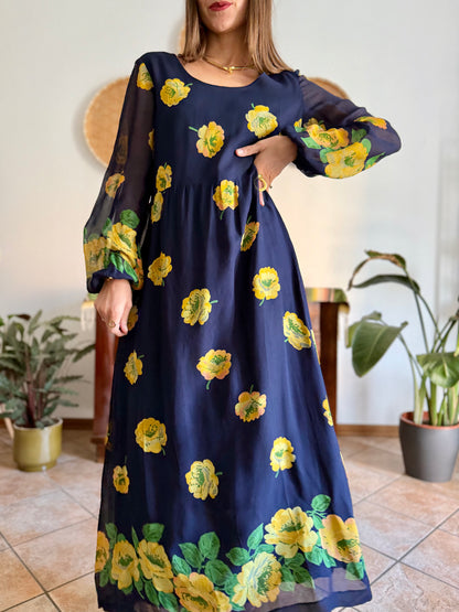 1970's vintage navy blue maxi dress with yellow floral print