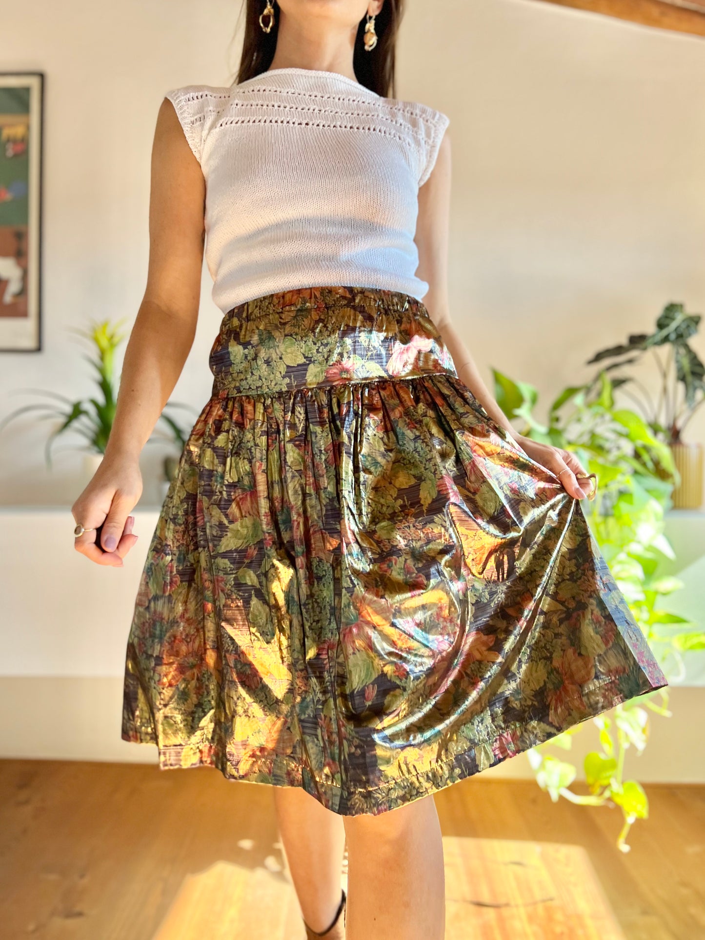 1980's vintage gold and brown metallic midi skirt