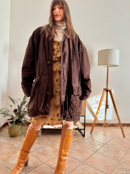 1980's vintage dark chocolate brown suede coat with plaid fleece lining