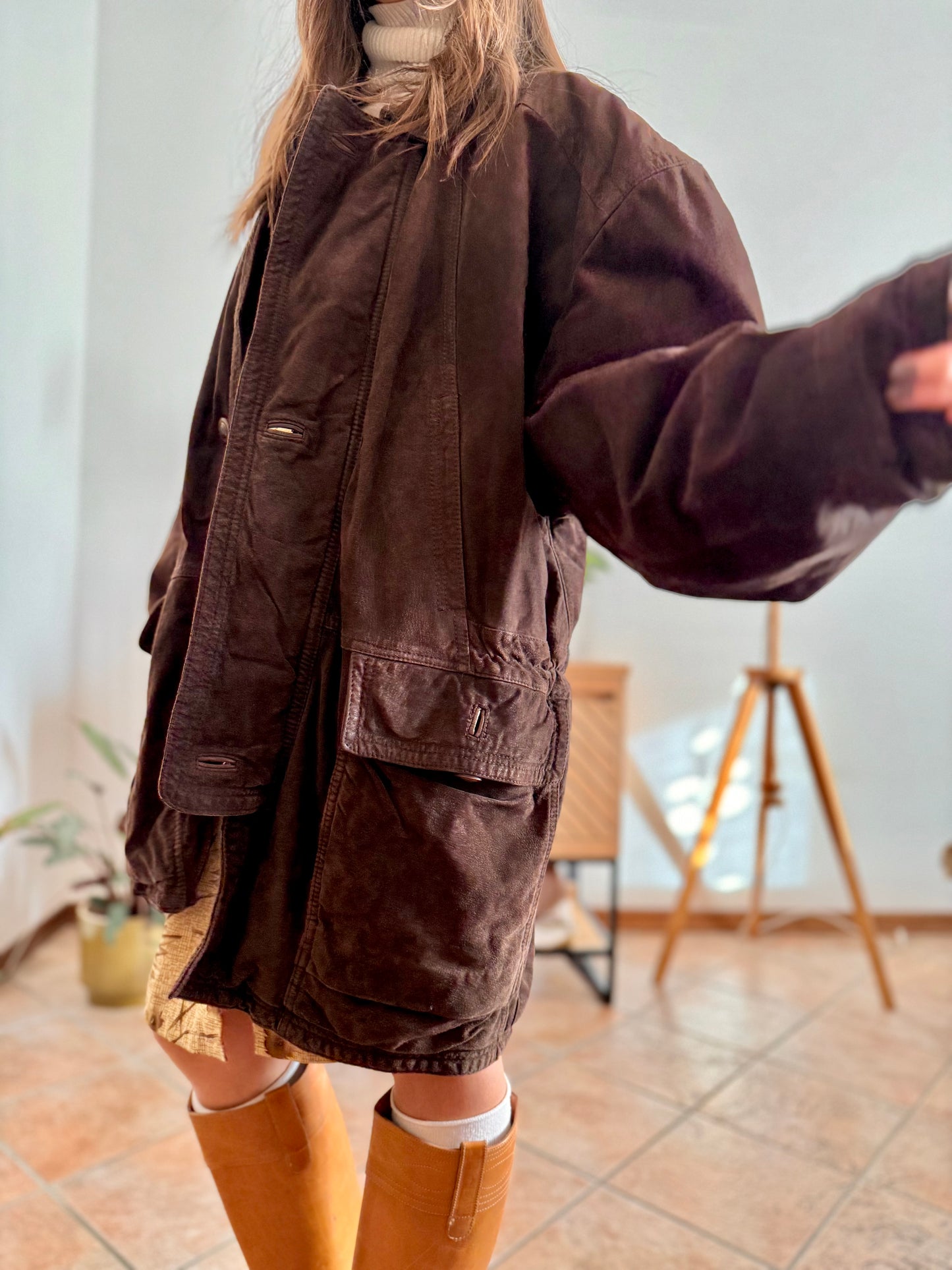 1980's vintage dark chocolate brown suede coat with plaid fleece lining