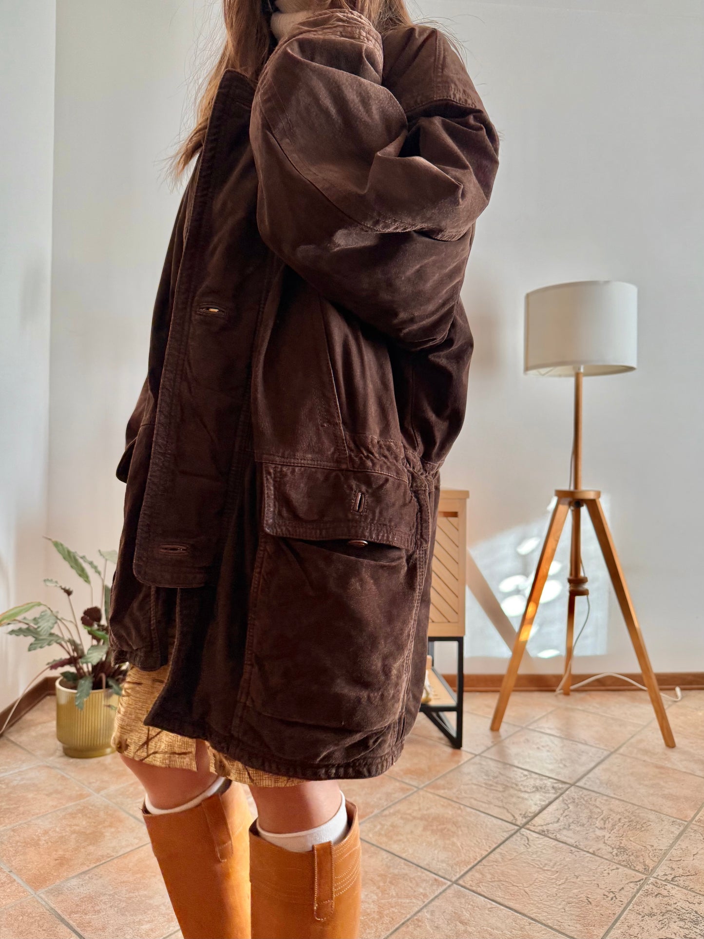 1980's vintage dark chocolate brown suede coat with plaid fleece lining
